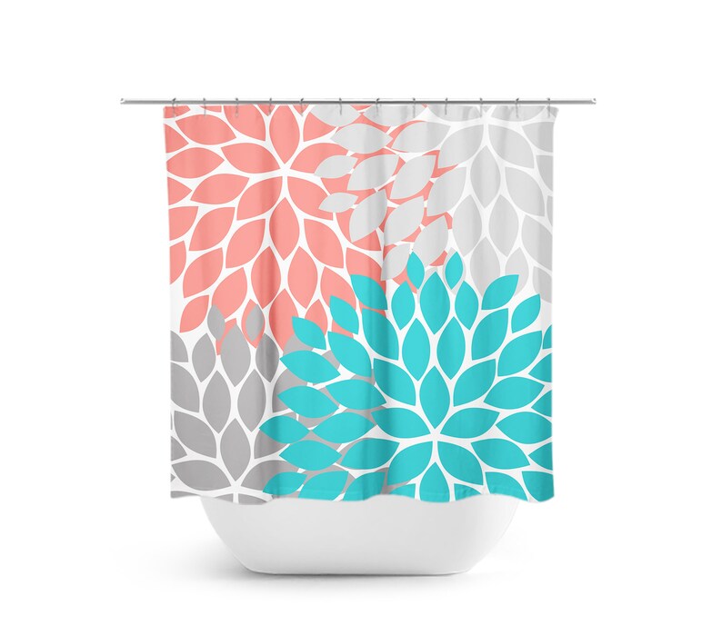 Coral Aqua Gray Shower Curtain Floral Bath Curtain Floral Etsy