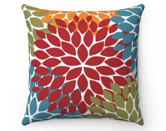 Outdoor Accent Pillow, Red Blue Green Floral Pillow, OUTDOOR PILLOW, Porch Pillow, Patio Pillow - OPIL315