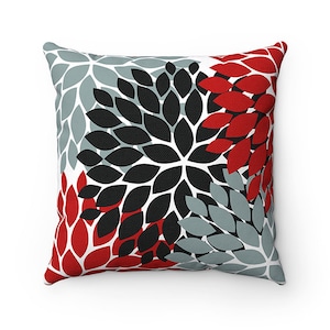 OUTDOOR PILLOW, Red Black & Gray Floral Pillow, Outdoor Accent Pillow, Porch Pillow, Patio Pillow - OPIL17