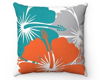 Hibiscus Pillow Cover, Orange Throw Pillow, Turquoise Accent Pillow, Aqua and Orange Tropical Decor, Floral Pillow, Hibiscus Decor -PIL167