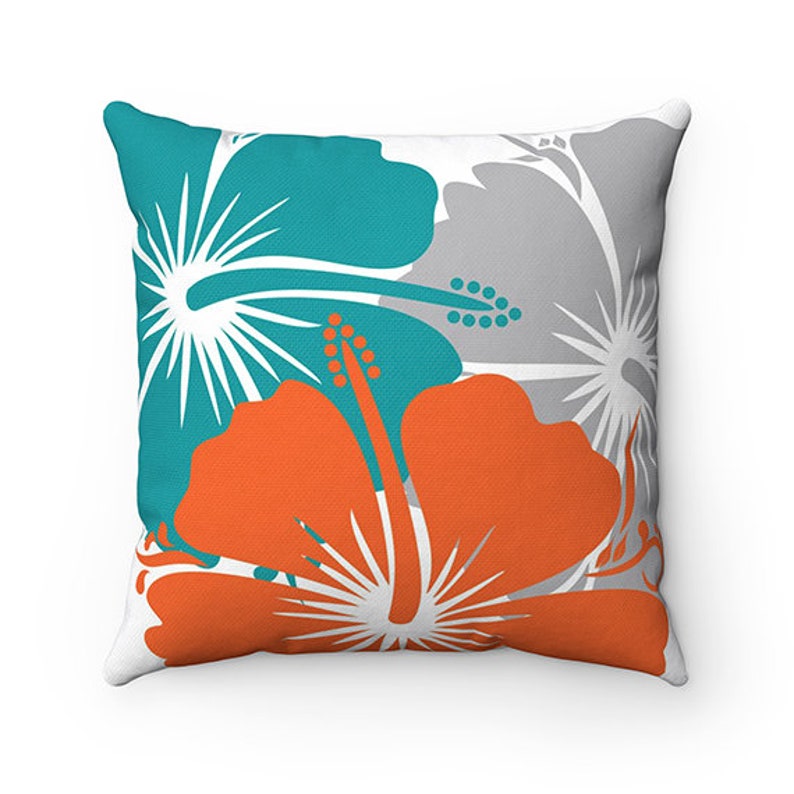 Hibiscus Pillow Cover Orange Throw Pillow Turquoise Accent Etsy