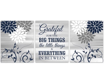 Grateful Wall Decor for Living Room and Dining Room, Set of 3 Blue and Gray Gratitude Wall Art Prints for Modern Home Decor - HOME1051