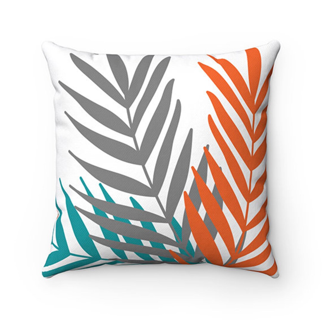Throw Pillow, Teal Orange Gray, Palm Leaves Pillow Cover, Accent Pillow, Tropical Home Decor
