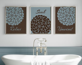 Bathroom Wall Art CANVAS or PRINTS, Relax Soak Unwind, Slate & Brown Bathroom Decor, Modern Bathroom Art, Set of 3 Bath Art Prints - BATH4