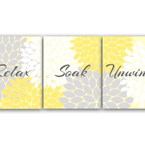 Yellow and Grey Bathroom Art Relax Soak Unwind Abstract Etsy