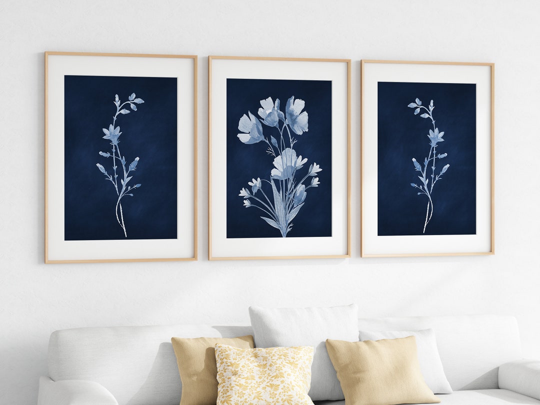 Blue Flower Framed Wall Art Prints, Farmhouse Home Decor for Blue