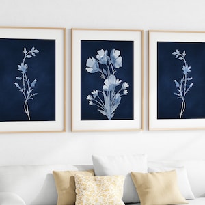 Blue Flower Framed Wall Art Prints, Farmhouse Home Decor for Blue Bedroom Bathroom Living Room, Set of 3 Canvas - HOME933