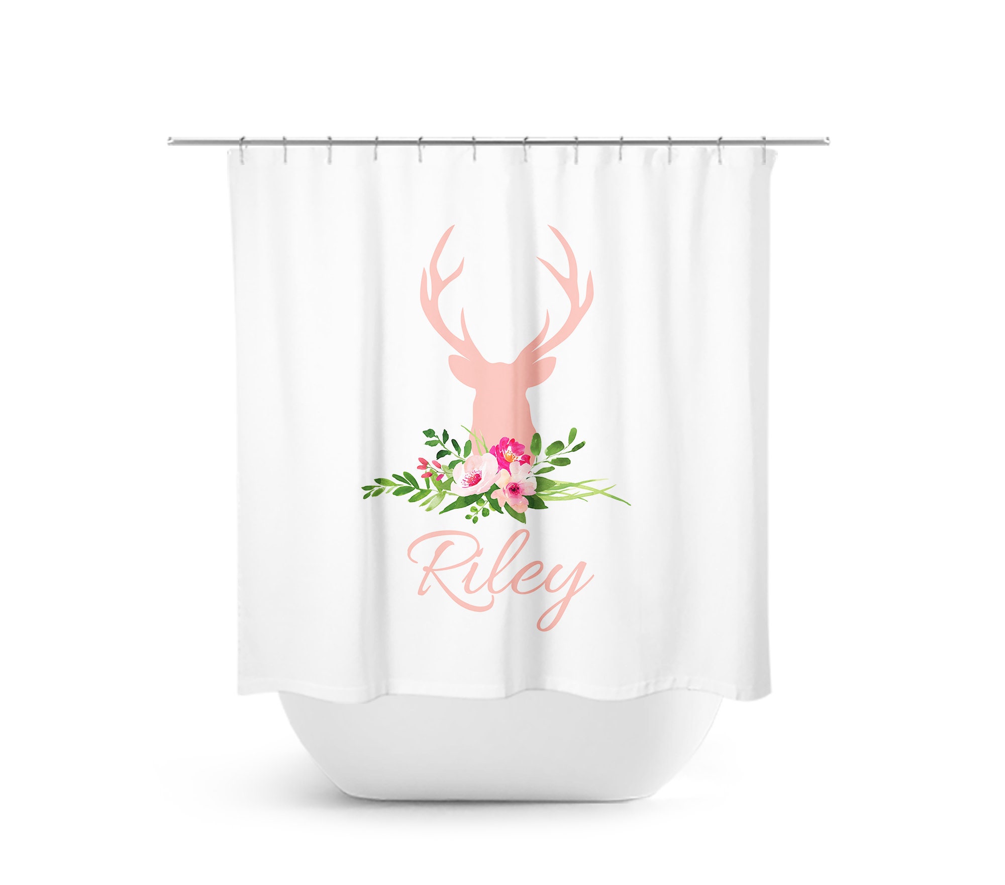 Pink Woodland Shower Curtain Deer Antler Flower Bath Curtain