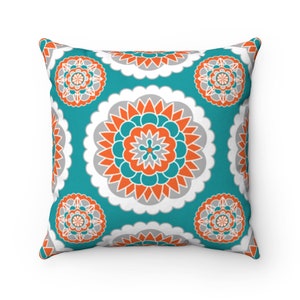 Teal Decorative Pillow, Orange & Teal Tile Pattern Pillow, Boho Throw Pillow Cover, Teal Orange Home Decor, Couch Accent Pillow - PIL322