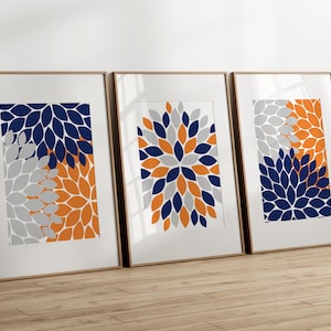 Home Decor CANVAS or PRINTS, Framed Wall Art, Orange and Blue Flower Burst Art, Bathroom Wall Decor, Navy Orange Bedroom Decor - HOME401