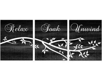 Relax Soak Unwind Modern Bathroom Art, Black Bathroom Wall Art, Wood Effect Set of 3 Bath Art Prints, Bathroom Decor, Home Decor - BATH135