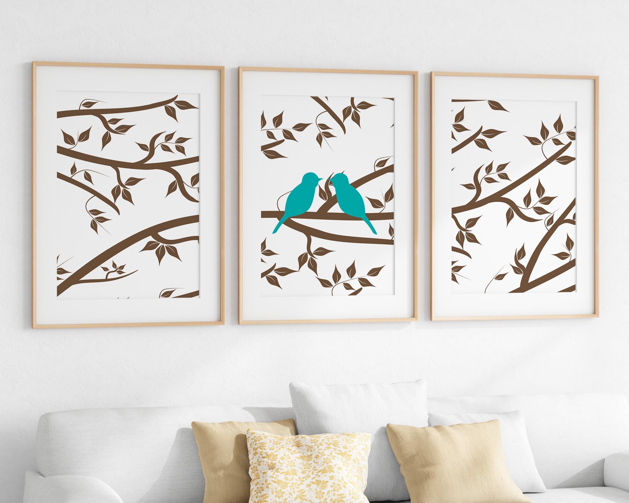 Turquoise Teal Birds Wall Art Set of 3, Brown Tree Branch Nature