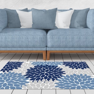 Area Rug, Blue and Gray Floral Area Rug, Kitchen Floor Mat, Living Room Rug, Blue Home Decor, Chenille Floor Mat, Blue Area Rug - RUG8