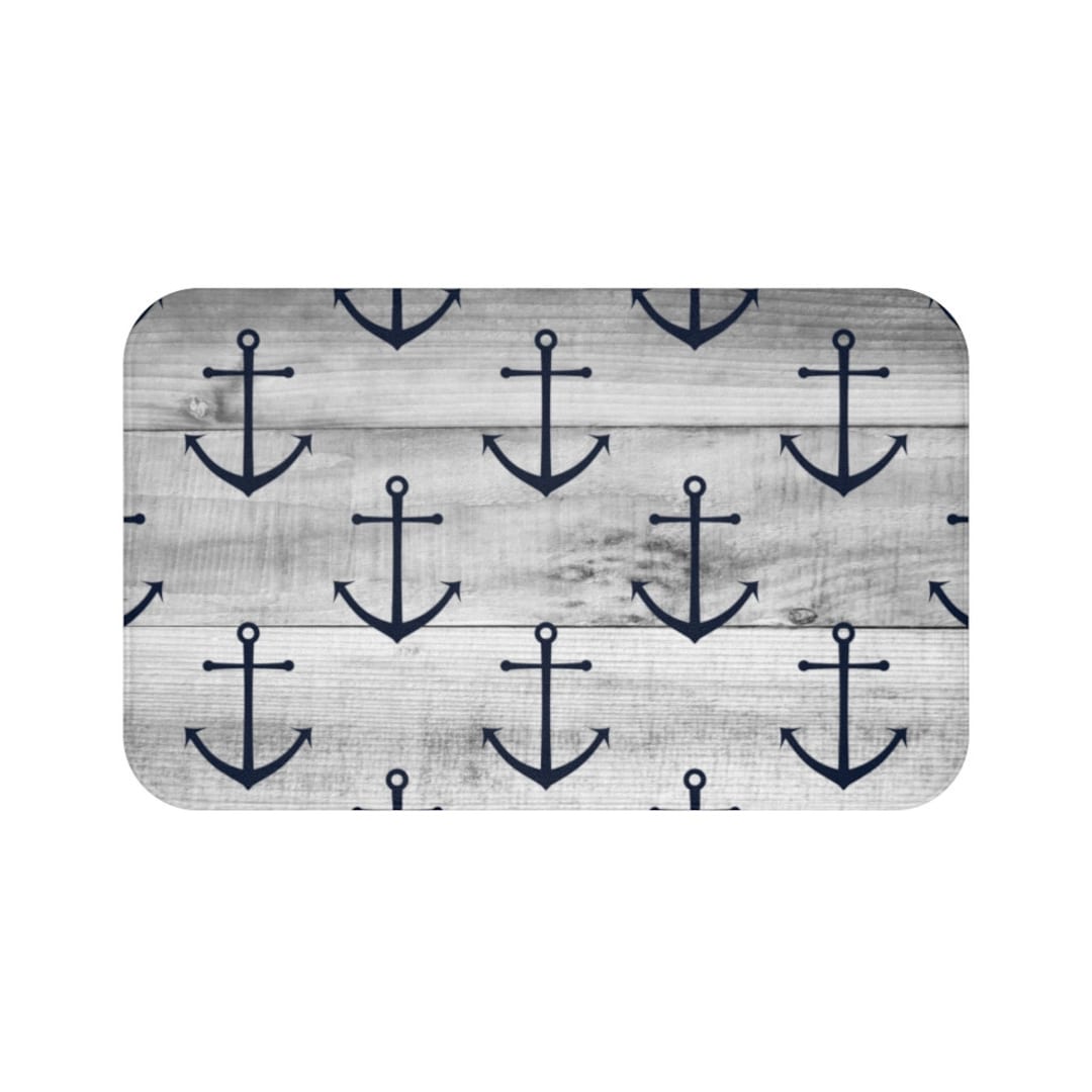 Gray and Navy Nautical Bath Mat, Anchor Floor Mat, Nautical Kitchen ...