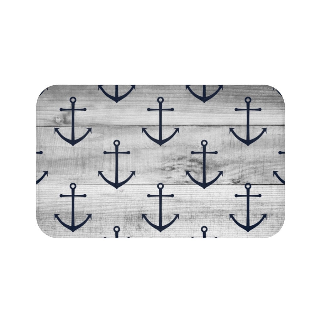 Gray and Navy Nautical Bath Mat, Anchor Floor Mat, Nautical Kitchen Decor, Beach House Decor, Nautical Floor Mat - MAT105