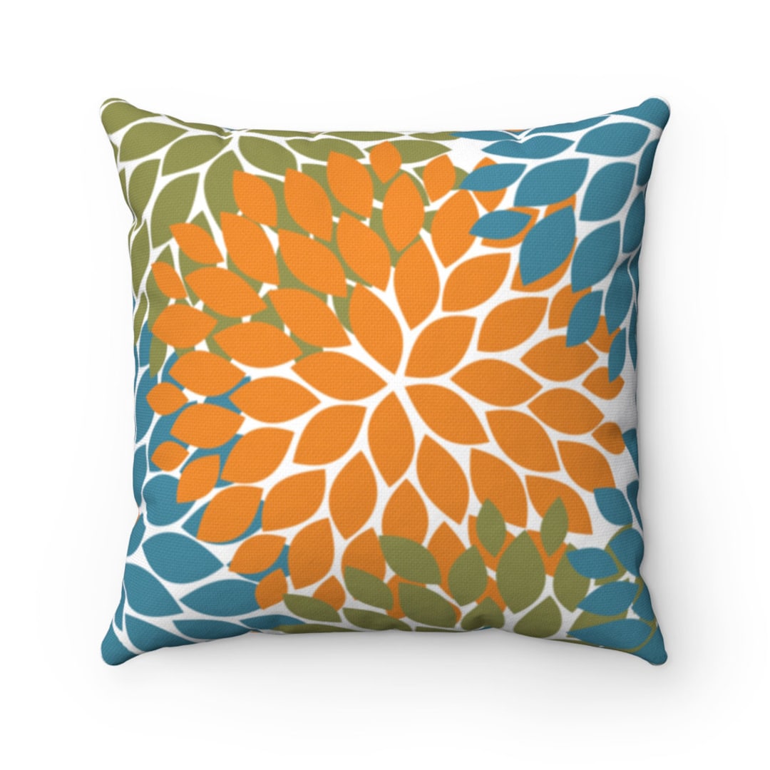 Outdoor Accent Pillow, Orange Blue Green Floral Pillow, OUTDOOR PILLOW