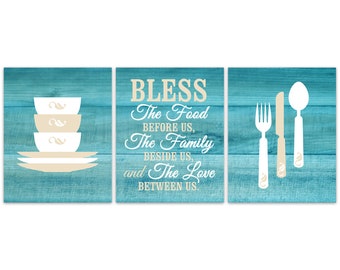 Bless The Food Before Us Kitchen Quote Wall Art, Teal Dining Room, Prayer Wall Art, Fork and Spoon Wall Decor, Stacking Bowls - HOME341