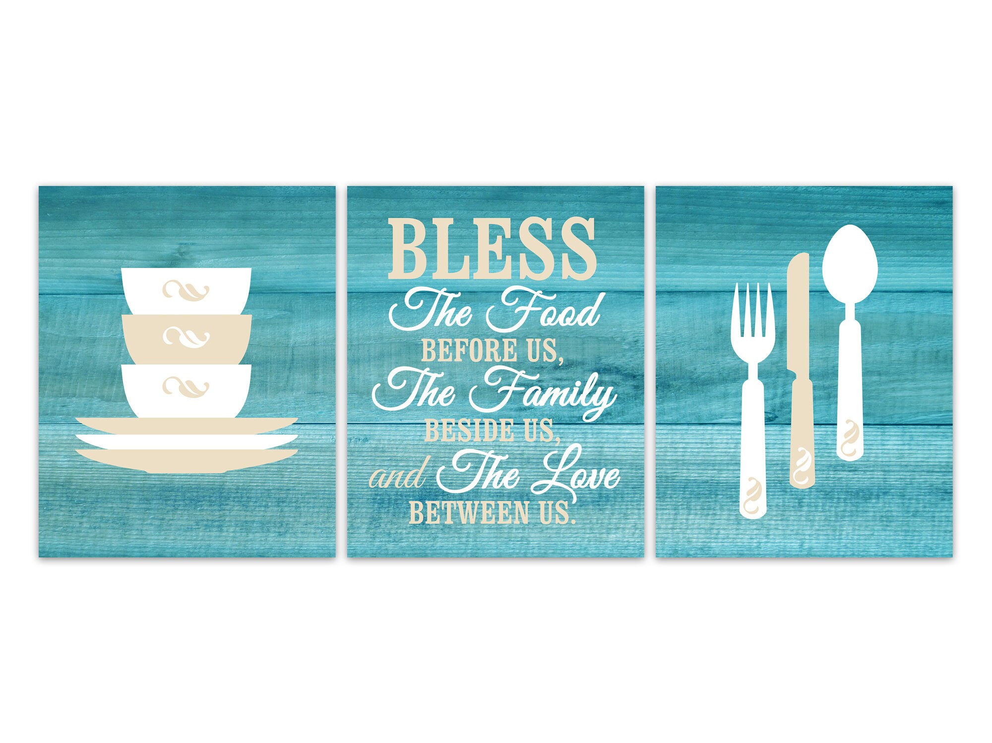 Bless The Food Before Us Kitchen Quote Wall Art Teal Dining Room