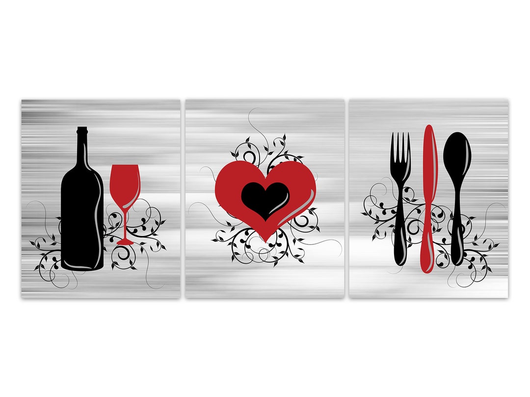 Red Black Gray Kitchen Wall Art, Farmhouse Kitchen Decor, Fork Spoon