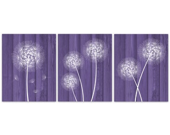 Rustic Home Decor CANVAS, White Dandelion Art, Bathroom Wall Decor, Purple Wood Effect Dandelion Bedroom Decor, Nursery Wall Art - HOME321