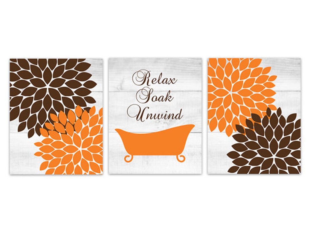 Flower Bathroom Art, Orange and Brown Bathroom CANVAS or PRINTS, Relax