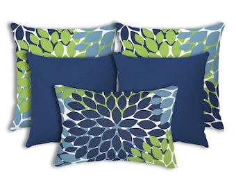 Blue Flower Throw Pillow Combo for Couch Bed Sofa, Set of 5 Blue and Green Floral Pattern Accent Pillows