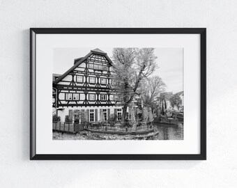 Historic Half-Timbered House Print, Black and White European Architecture Wall Art, Esslingen Germany  Travel Photography - LIFE29