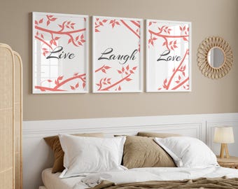 Decoración de pared en lienzo, Vive, ríe, ama, arte de pared coral, decoración de pared para baño, arte de pared para dormitorio coral y gris - HOME79