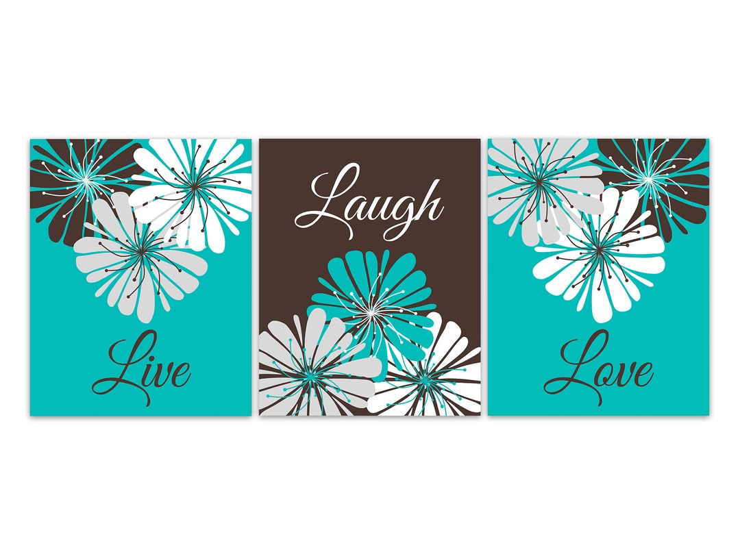 Turquoise and Brown Wall Art, Live Laugh Love Teal Bedroom Decor, Teal