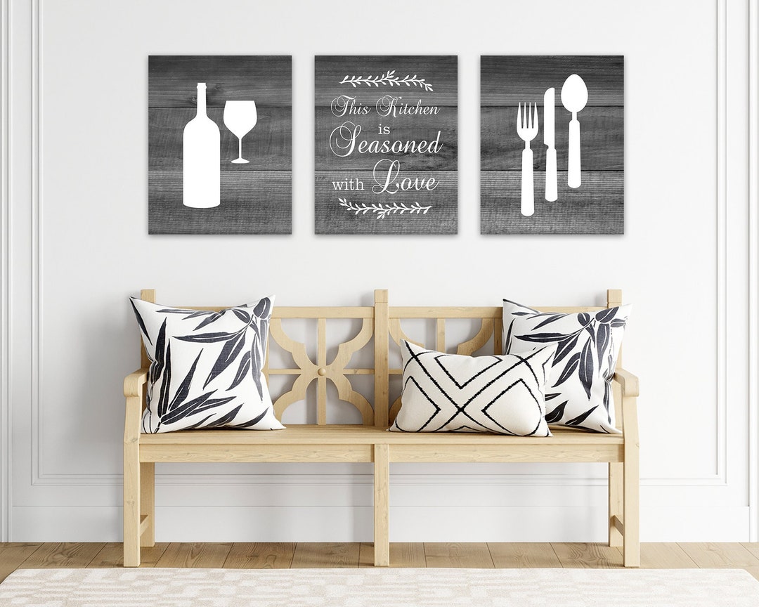 Gray Kitchen Wall Art Prints, Set of 3 Canvas This Kitchen is Seasoned With Love Quote for
