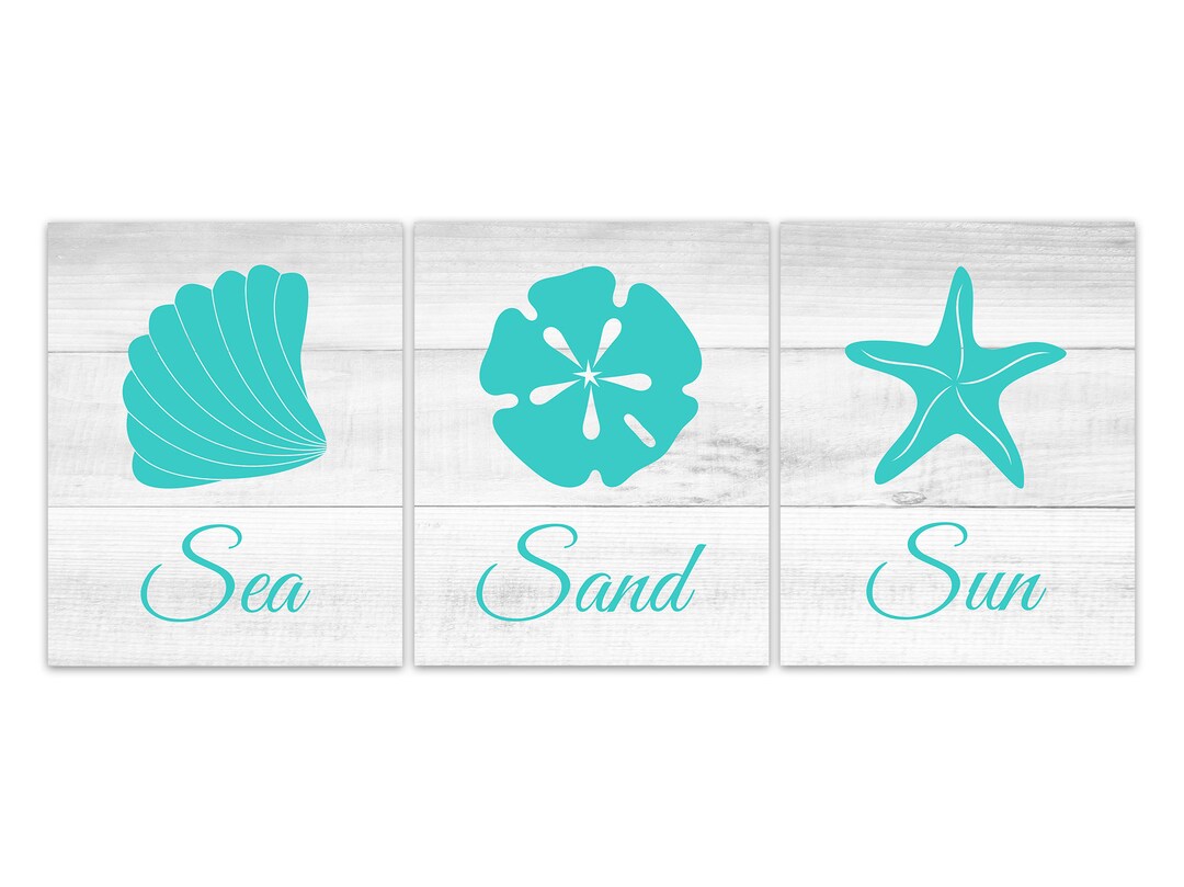 Aqua Beach House Decor Ocean Bathroom Wall Art Sun Sand Sea Etsy