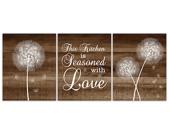 This Kitchen is Seasoned with Love, Kitchen Quotes, Rustic Kitchen CANVAS, Cabin Kitchen Decor, Set of 3 Kitchen Art Prints - HOME314