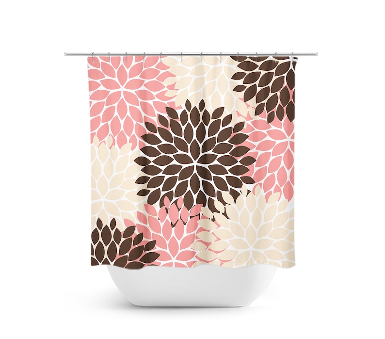 Pink Brown Tan Shower Curtain Floral Bath Curtain Brown Pink Etsy