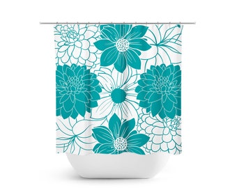 Teal Floral Shower Curtain, Blue and White Fabric Bathtub Curtain for Girl Bathroom Decor - SHOWER171