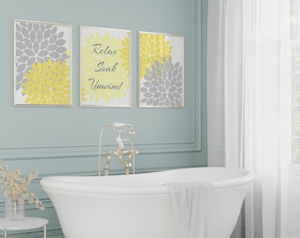 Bathroom Wall Art, Relax Soak Unwind CANVAS PRINTS, Yellow and Gray Bathroom Decor, Modern Bathroom Art, Set of 3 Bath Art Prints - BATH28