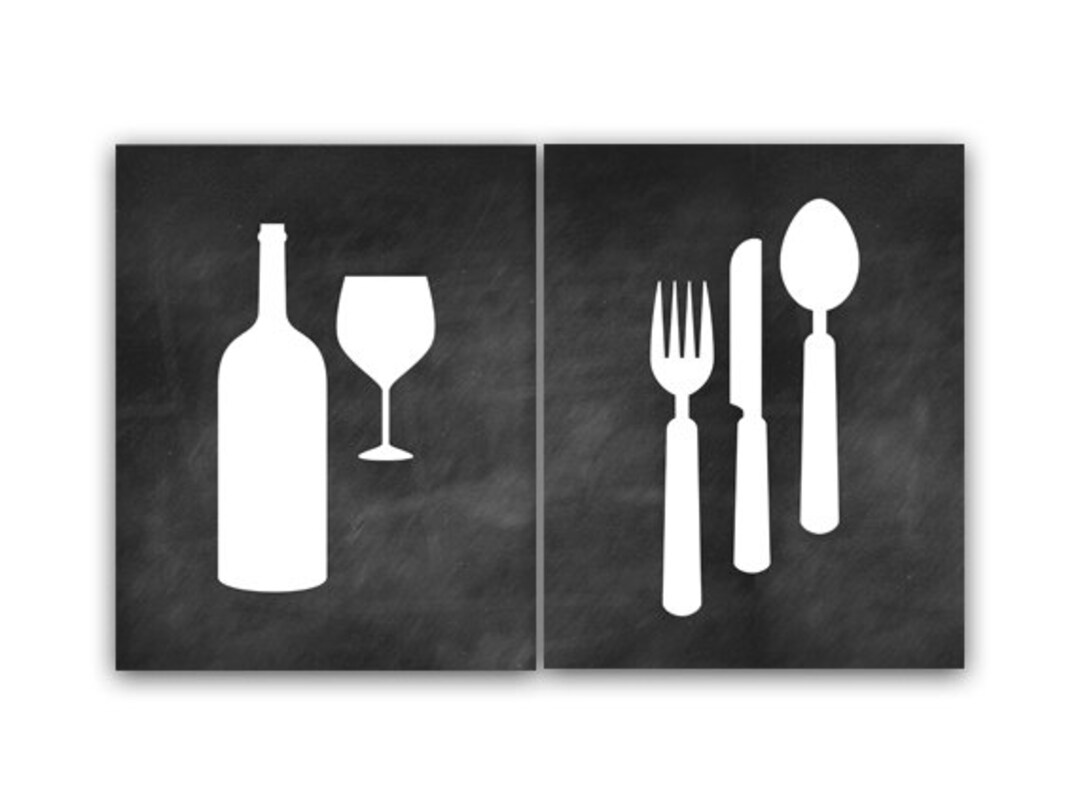 Black Kitchen Art Prints, Home Decor Art, Fork Spoon Knife, Wine Glass