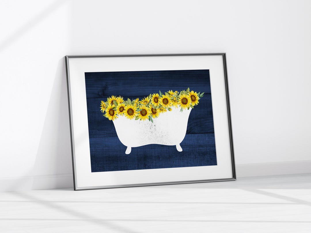Sunflower Bathroom Decor, Blue Bathroom Wall Art Print or CANVAS ...