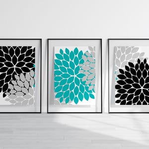 Home Decor Wall Art, Aqua Grey and Black Flower Burst CANVAS PRINTS, Bathroom Wall Decor, Teal Bedroom Decor, Nursery Wall Art - HOME98