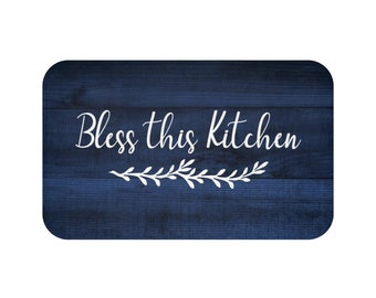 Bless This Kitchen Blue Kitchen Mat, Memory Foam Farmhouse Kitchen Mat, Blue Kitchen Decor- MAT155