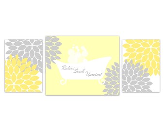 Bathroom Wall Art, Yellow and Grey Bathroom Decor, Relax Soak Unwind Bathtub Art Print, Flower Burst, Modern Bathroom Art - BATH66