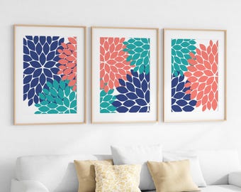 Home Decor Wall Art, CANVAS or PRINTS, Coral and Navy Flower Burst, Bathroom Wall Decor, Coral Teal Bedroom Decor, Nursery Wall Art - HOME83