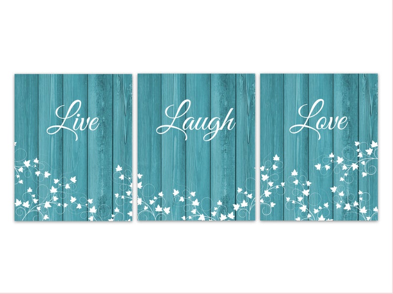 Turquoise Rustic Decor, Live Laugh Love Canvas, Turquoise Wall Art Prints, Beach House Decor, Set of 3 Rustic Home Decor HOME300 image 1