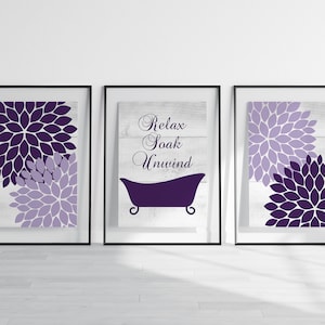 Bathroom CANVAS or PRINTS, Purple Bathroom Decor, Relax Soak Unwind, Claw Tub Art Prints, Wood Effect Wall Art, Modern Home Decor - BATH131