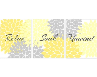 Bathroom Wall Art CANVAS, Relax Soak Unwind, Yellow and Grey Bathroom Decor, Modern Bathroom Art, Home Decor, House Warming Gift - BATH90