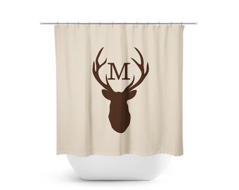 Monogram Shower Curtain, Deer Head Antler Bathtub Curtain, Woodland Bathroom, Brown Bathroom Decor, Brown Boy Bathroom - SHOWER70