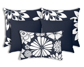 Blue Throw Pillow Combo Set for Couch Bed Sofa, 5pc Set Navy Blue and White Floral Pattern Accent Pillows