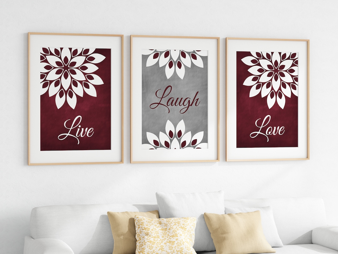 Burgundy Wall Art, Burgundy Home Decor, Live Laugh Love Bathroom Decor ...