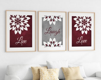 Burgundy Wall Art, Burgundy Home Decor, Live Laugh Love Bathroom Decor, Bedroom Wall Art, Burgundy and Gray Wall Pictures - HOME733