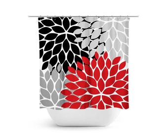 Red Black Shower Curtain, Floral Shower Curtain, Custom Bathtub Curtain, Floral Bathroom Decor, Modern Bathroom, Red Black Gray - SHOWER37