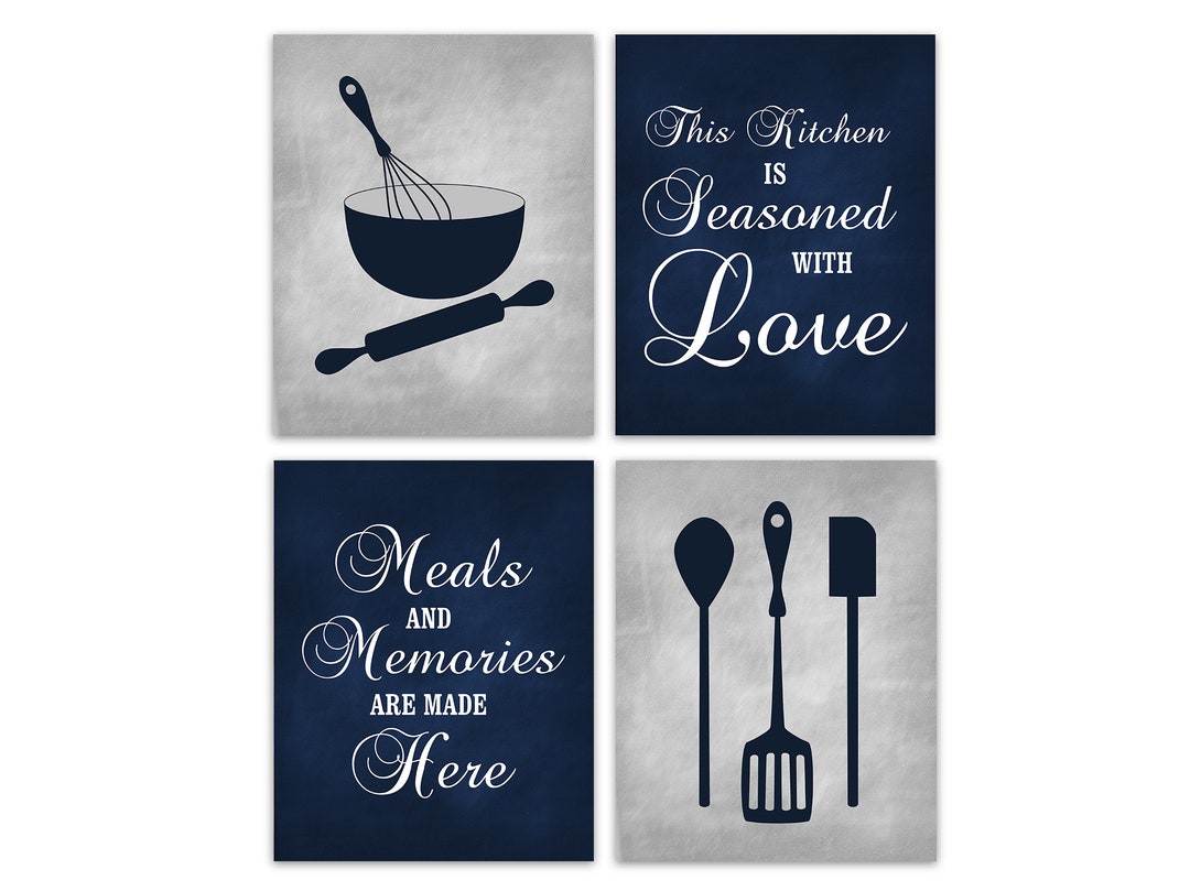 Blue Gray Kitchen Wall Art Prints, Set of 4 Canvas With Kitchen Tools Pictures and Quotes, Navy